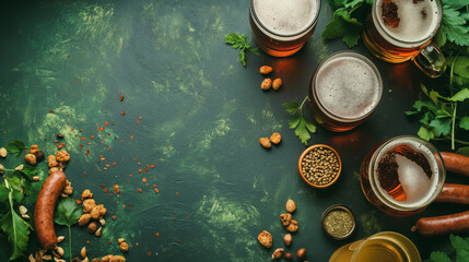 Glasses of beer and delicious beer snacks sausages with crispy chips and crackers on a green textured background. Ideal for parties, social events and beer lovers. Flat lay