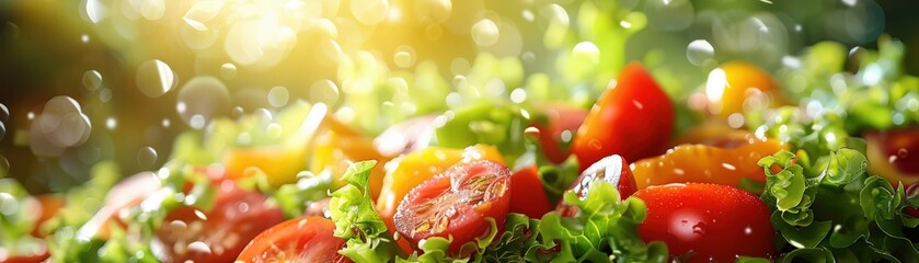 Fresh Colorful Salad with Tomatoes and Lettuce in Sunlight with Water Droplets