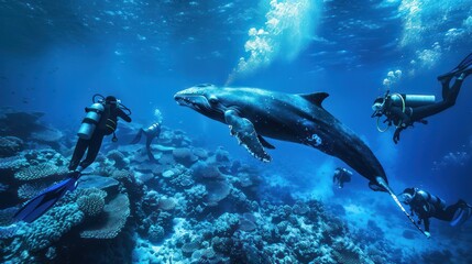 Wall Mural - Group of students diving in the underwater coral reef sea with a large whale.