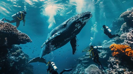 Wall Mural - Group of students diving in the underwater coral reef sea with a large whale.