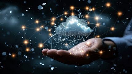 Close-up of a businessman hand with a cloud computing network icon, illustrating secure online storage and data transfer solutions. Cloud computing for application systems.