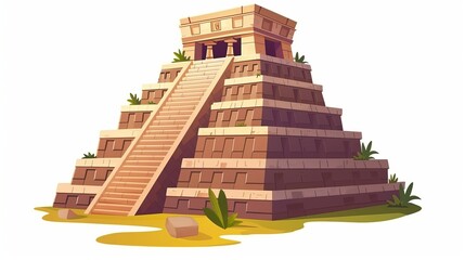 Maya ancient pyramid and Aztec temple ruin vector cartoon landmark illustration isolated on a white background Mexico archaeological historical ziggurat old civilization building Maya