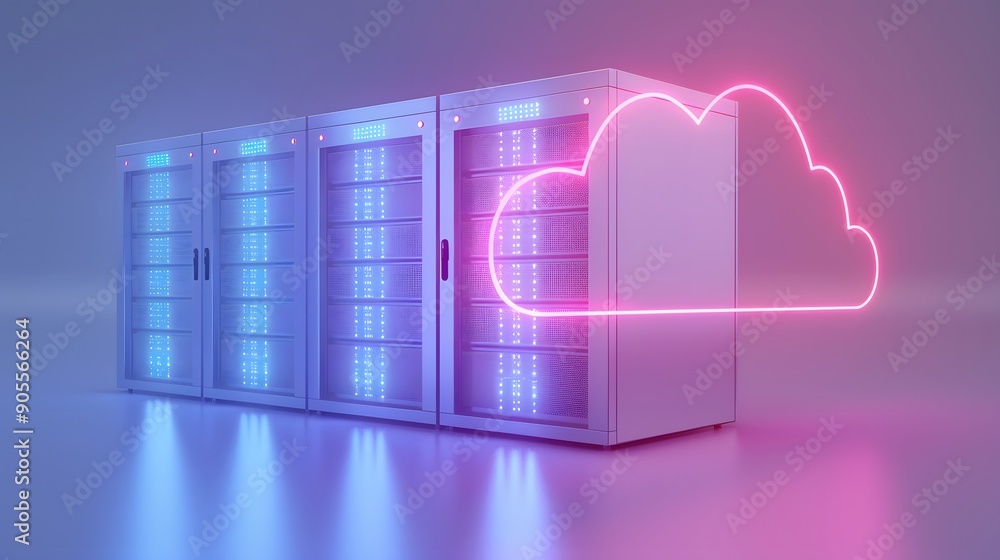 Modern data center servers with blue lights and a pink neon cloud ...