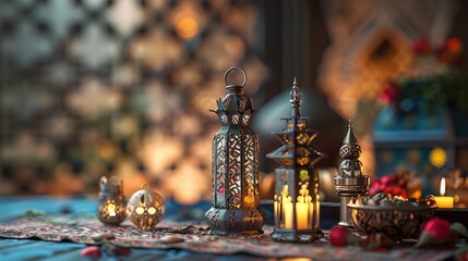 Wall Mural - Realistic miniature of a beautiful Arabian interior Table decoration for a festive greeting card or invitation for the Muslim holy month of Ramadan Kareem Selective focus