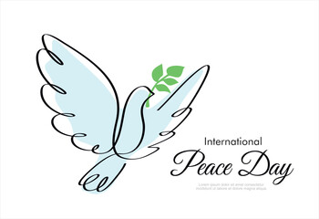 Wall Mural - One continuous line drawing of dove or pigeon with olive branch. Bird symbol of peace and freedom in simple linear style. International peace day concept.