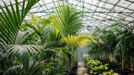 Poster - Vibrant tropical plants thrive in a greenhouse, illuminated by soft morning light filtering through the glass roof.