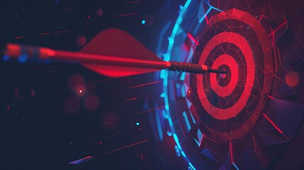 Arrow hitting the center in bullseye digital technology Business target for success Aim for achievement success Completion mission concept Vector illustration in a fantastic low poly