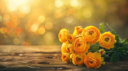 Sticker - Persian buttercup bouquet on wooden table with soft light and copy space