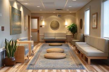 Wall Mural - A large hospital waiting area with a lot of seating and a rug