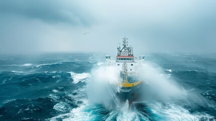 A large ship is in the ocean with a lot of water splashing around it