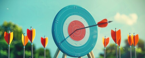 Wall Mural - Arrows hitting bullseye on colorful archery target, sport precision. Free copy space for text.