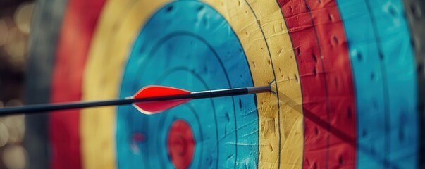 Wall Mural - Arrows hitting bullseye on colorful archery target, sport precision. Free copy space for text.