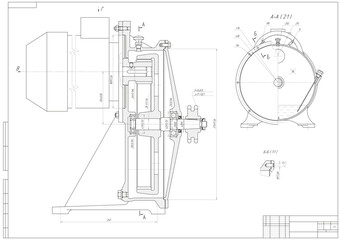 Wall Mural - assembly drawing of reducer. vector working drawing of steel mechanical device with shaft, gear, ele