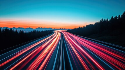 Wall Mural - A long exposure shot capturing the streaks of light from traffic on a busy highway, contrasting with the stillness of the city skyline above.