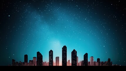 Wall Mural - A long exposure shot of a cityscape silhouetted against a starry night sky, with the faint glow of city lights adding depth.