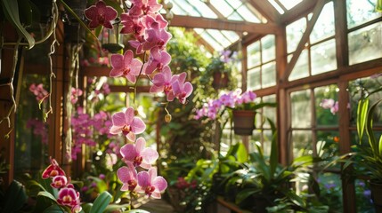 Aufkleber - Colorful orchids cascade from above in a warm greenhouse filled with lush greenery, showcasing the beauty of spring.