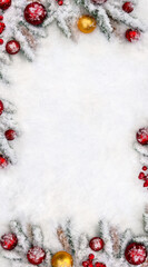 Wall Mural - christmas decoration. christmas tree, spruce cones, red and yellow balls, red berries on snow with s
