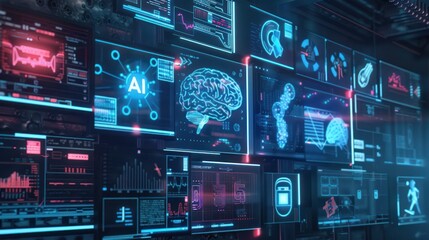 AI brain computer interface technology with holographic display and digital technology or holographic images Dark blue background with neon pattern.