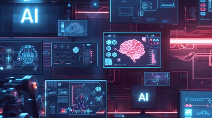 AI brain computer interface technology with holographic display and digital technology or holographic images Dark blue background with neon pattern.