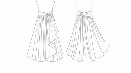 Wall Mural - Vector midi skirt with gathering detail fashion CAD Womens jersey or woven fabric smocked long skirt with front slit technical drawing Flat sketch template mockup front and back