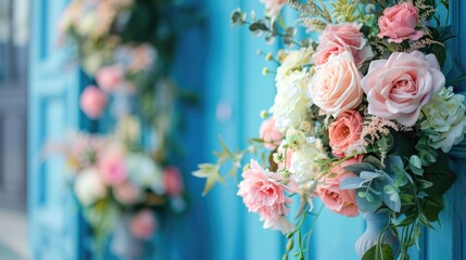 Wall Mural - 2020 s trendy classic blue color backdrop with blurred floral arrangements