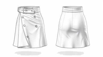 Womens Wrap Button Front Mini Skirt Technical fashion illustration Front and back view white color Womens CAD mockup