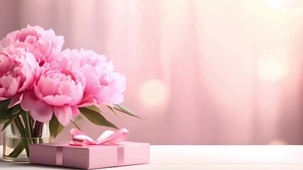 Wall Mural - Pink peonies in a vase with a gift box on a pastel background.