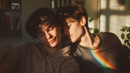 In a warm, softly lit space, two young men share a tender moment, enveloped in cozy shadows that enhance their emotional connection and create an atmosphere rich in affection and joy