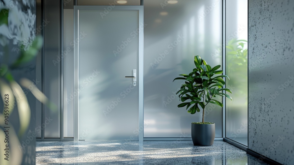 Modern Office Lobby with Glass Walls and Lush Green Plants – Stylish ...