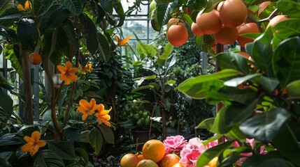 Poster - A greenhouse filled with bright orange citrus fruits and tropical flowers, showcasing a rich diversity of plant life and vibrant colors.