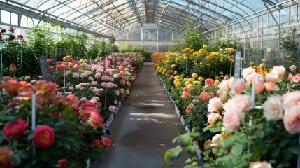 Poster - A greenhouse showcases rows of blooming roses in various colors, with sunlight streaming through the glass roof, illuminating the vibrant flowers.
