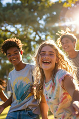 A lively group of cheerful friends is having a wonderful time enjoying a beautiful sunny day surrounded by nature