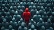 © BoOm - A striking image of a lone figure in red amidst a crowd of anonymous individuals, symbolizing individuality and conformity.