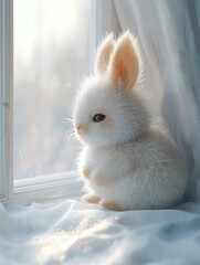 a cute little rabbit stuffed animal sitting at a window at home