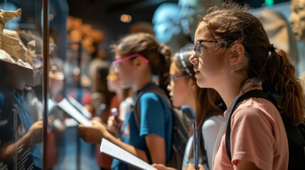 Curious Classmates Exploring Science Museum Exhibit on Ancient Civilizations, Ideal for Educational Themes