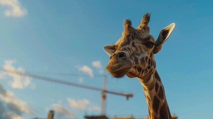 Wall Mural - A giraffe is looking at the camera with its mouth open. The sky is blue and there is a crane in the background