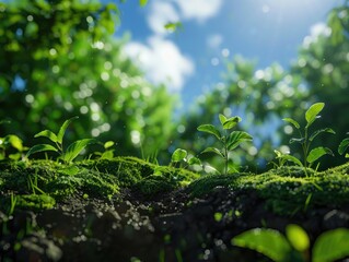 Wall Mural - A lush green forest with a bright blue sky. The trees are full of leaves and the ground is covered in moss