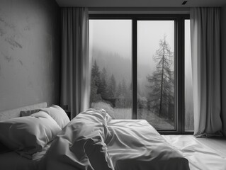 Sticker - A bedroom with a large window overlooking a forest. The curtains are drawn, and the bed is unmade. The room has a calm and peaceful atmosphere