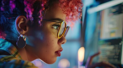 Poster - A woman with red hair and glasses is looking at a computer screen. She is wearing a yellow shirt and has red lipstick. Concept of focus and concentration as she works on her computer