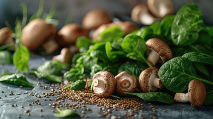 Wall Mural - A bunch of mushrooms and spinach are on a table