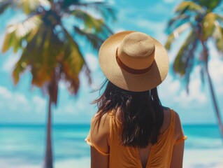 Poster - A woman wearing a straw hat stands on a beach looking out at the ocean. The scene is peaceful and relaxing, with the ocean as the backdrop