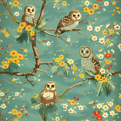 Wall Mural - Floral Owl Pattern