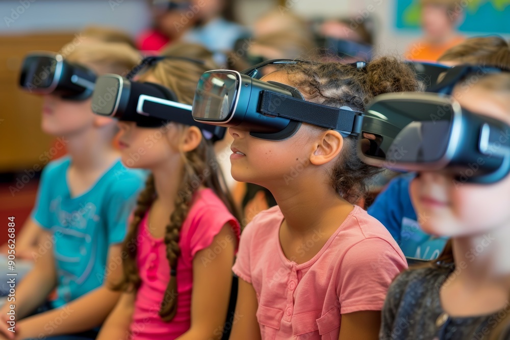 Foto de Stock Elementary Students Using VR Headsets to Develop Public ...