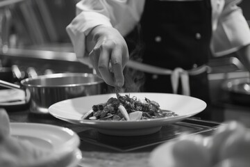 Wall Mural - A chef is preparing a dish with a hand on a plate. The dish is on a white plate and the chef is sprinkling something on it. The chef is wearing a black apron