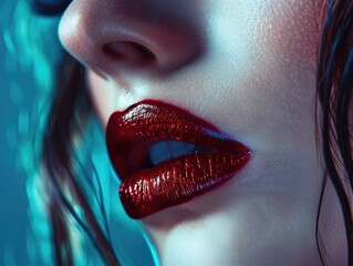 Poster - A woman with red lipstick and long hair. The lips are shiny and the hair is wet. The woman has a confident and bold look