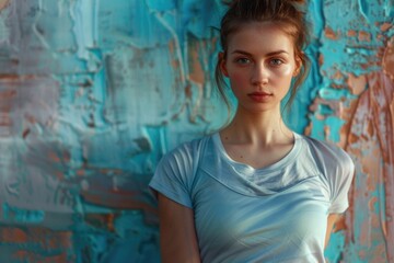 Wall Mural - A woman is standing in front of a blue wall with a blue shirt on. She has a serious expression on her face