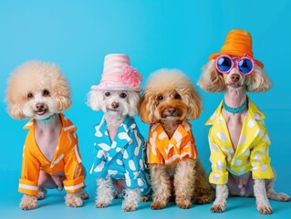 Wall Mural - Four dogs wearing hats and sunglasses are sitting in a row. The dogs are wearing different colored shirts and hats, and they appear to be posing for a photo. Scene is playful and fun