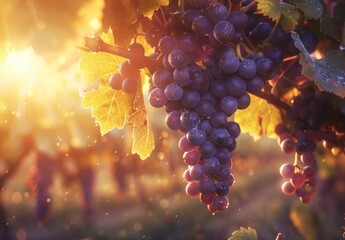 Wall Mural - Sunlit Grapes Hanging on a Vine