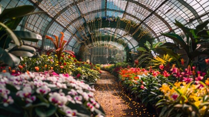 Aufkleber - A vibrant garden showcases a variety of blooming orchids in a tropical greenhouse, illuminated by sunlight filtering through the glass roof.