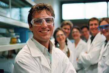 Wall Mural - A group of scientists wearing lab coats and goggles are smiling for the camera. The man in the center is wearing a white lab coat and goggles